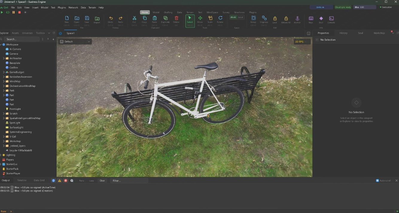 The Eustress Studio editor: a photographed bicycle reconstructed as a Gaussian splat, rendering live in the viewport alongside the scene explorer and properties panels